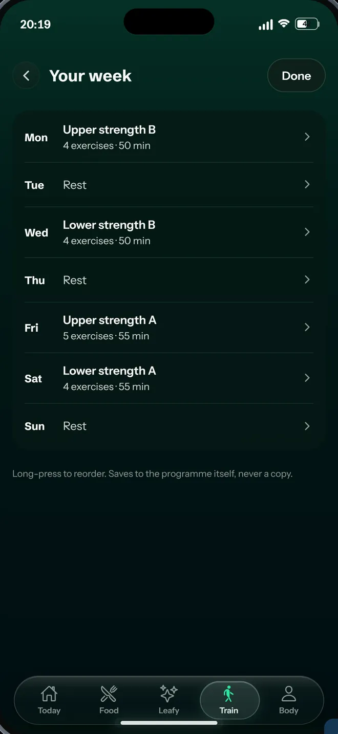 Spriwa training week from Monday to Sunday with strength sessions and rest days.